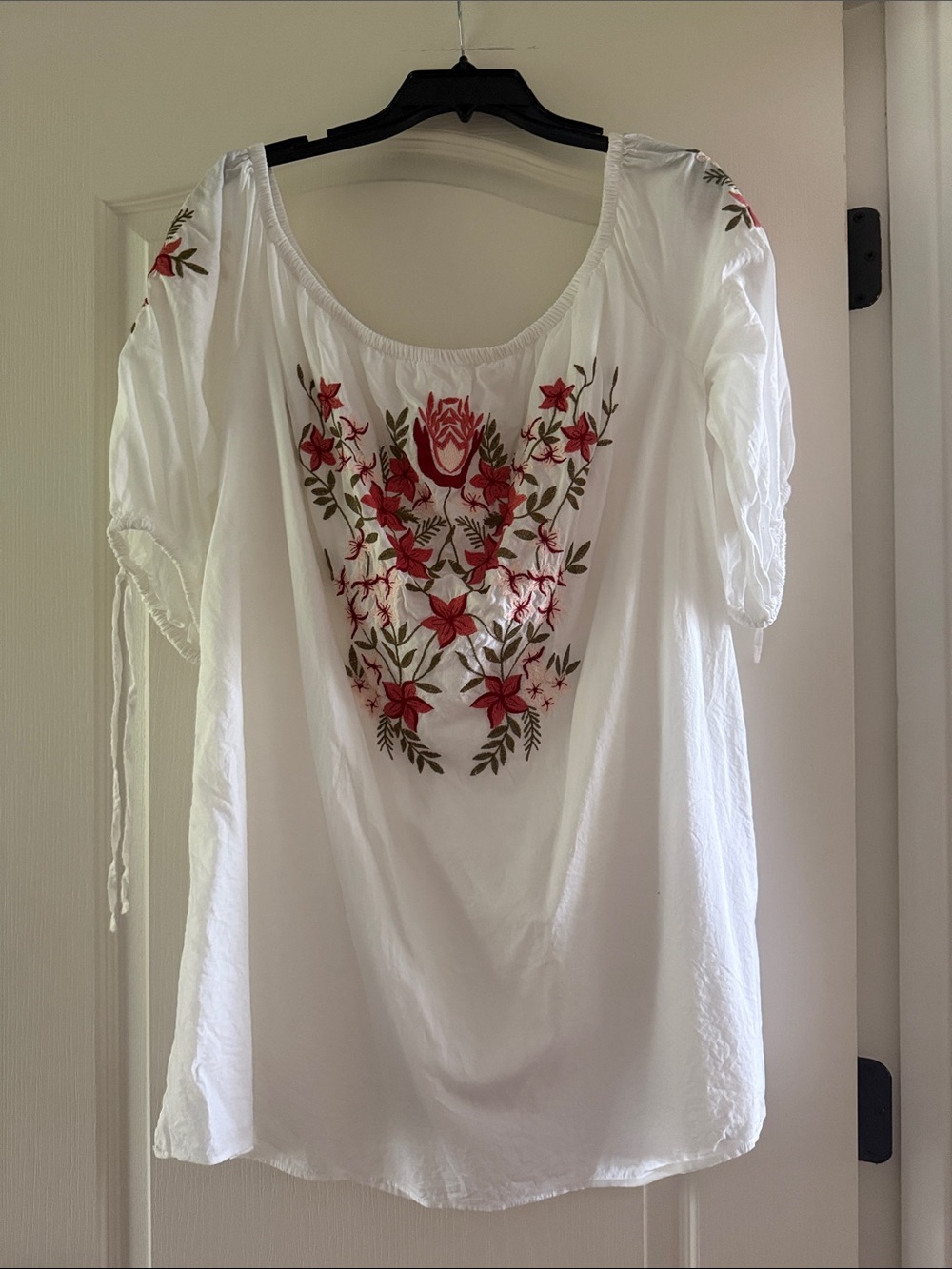 White Embroidered Floral Peasant Dress - Women's